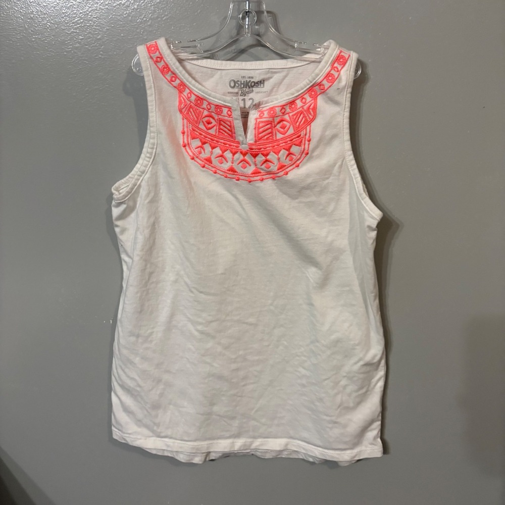 OshKosh Bgosh White Sleeveless Tank Top Bright Pink Embroidery (Girls 12)